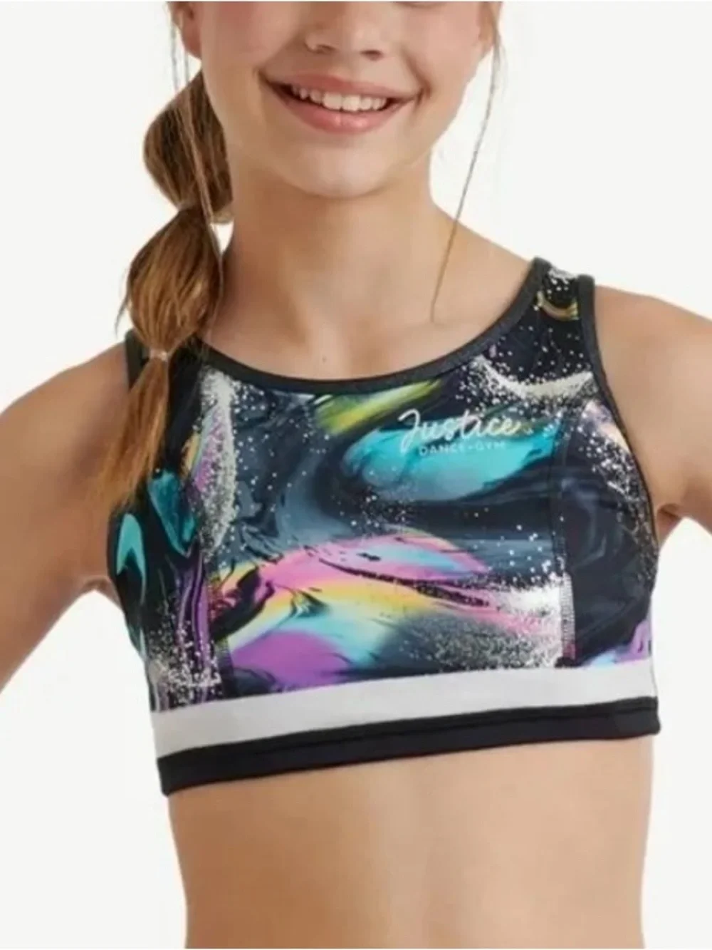Girl's Black With Swirl Print Pink Reversible Cross Back  Sports Bra -Size 7/8